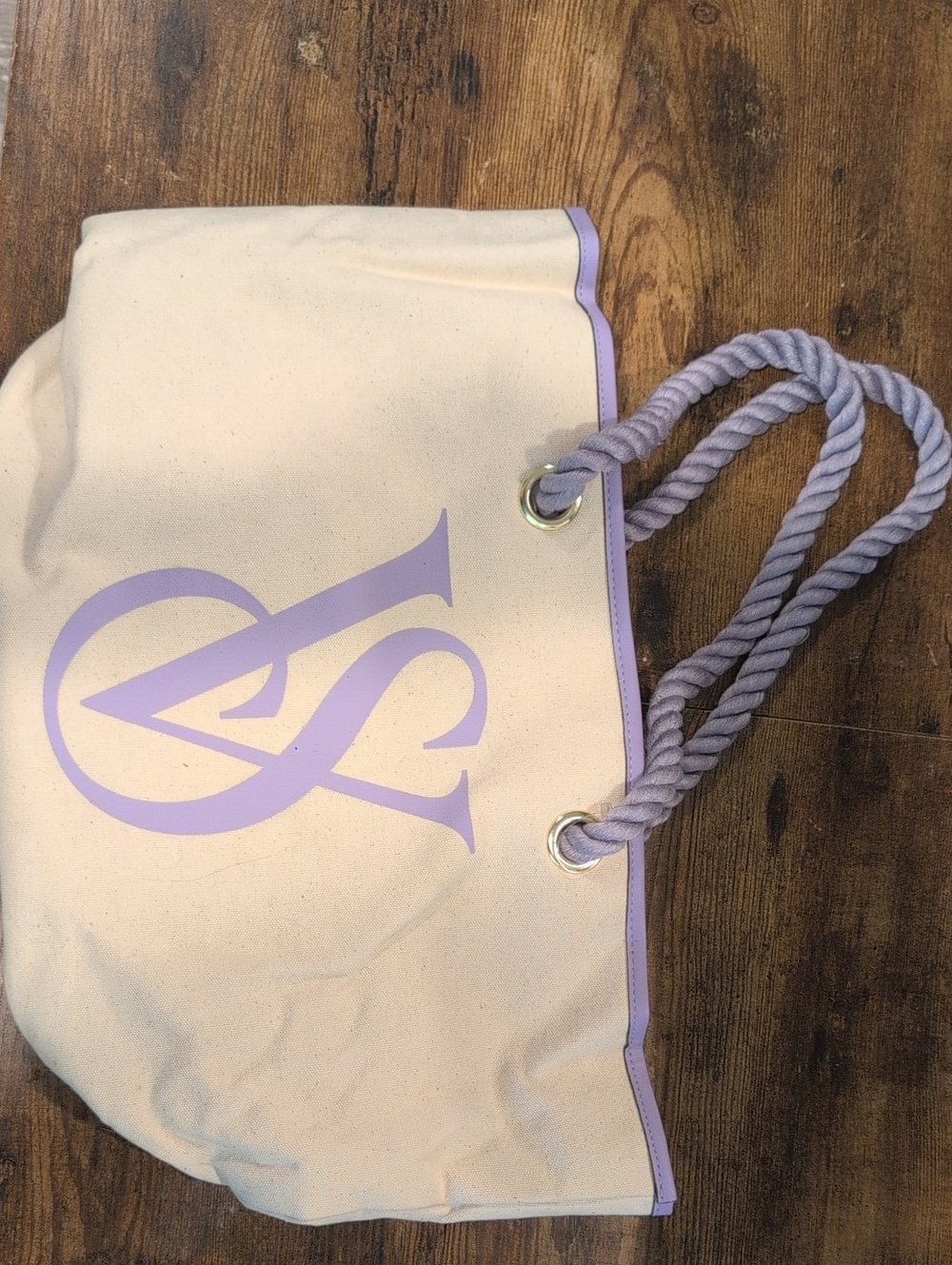 Victoria's Secret Cream Canvas Tote with Lavender Logo and Rope Handles